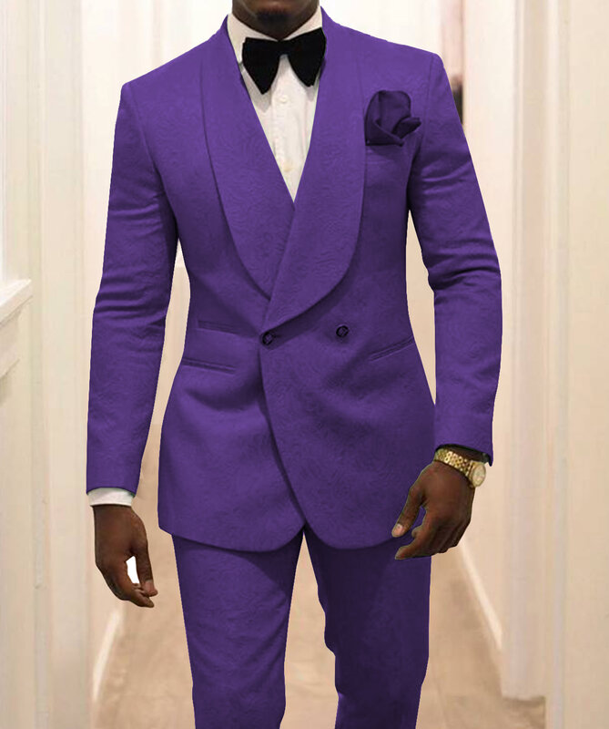Putih/Biru/Royal Blue Setelan Pria 2 Buah Bunga-Jacquard Tuksedo Selendang Kerah Pengiring Pria Pakaian Pria untuk Pernikahan (Jaket + Celana)