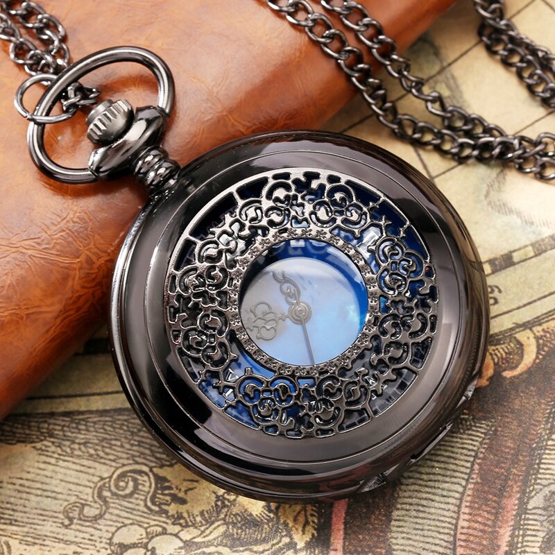 Exquisita esfera azul estrellada colgante de bronce, caja hueca, reloj de bolsillo de cuarzo, números romanos, Relojes Retro, regalo de recuerdo para hombres y mujeres