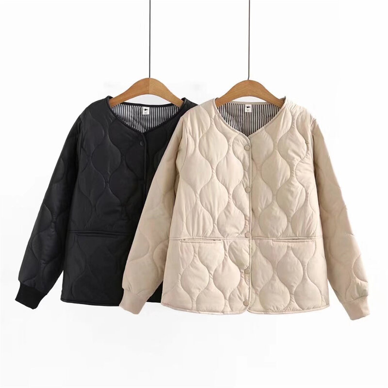 Chaqueta acolchada de algodón para mujer, abrigo de manga larga con cuello levantado, color liso, para otoño e invierno, AH30