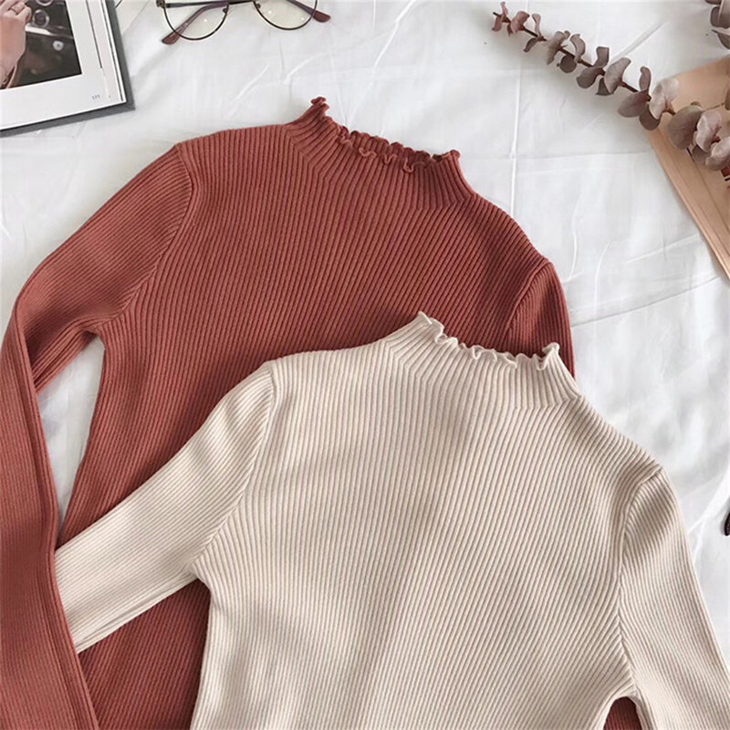 Knitted Female Vintage Ruched Pullover Women Autumn Winter Tops Korean Sweaters Soft Chic Fashion Lady Sweater Jumper Pull Femme