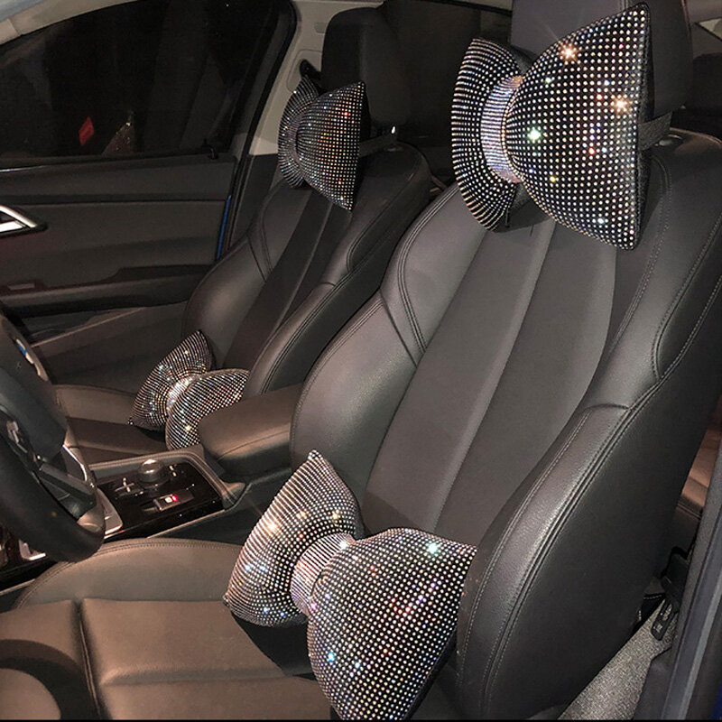 1Pc Diamond Crystal Strik Auto Nekkussen Strass Auto Hoofdsteun Seat Ondersteuning Taille Kussens Bling Auto Accessoires Voor Vrouwen