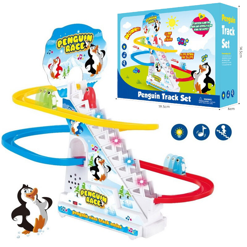 Pinguim trilha brinquedo subir escadas crianças clássico dos desenhos animados cães patos música elétrica luz aniversário natal presente de ano novo
