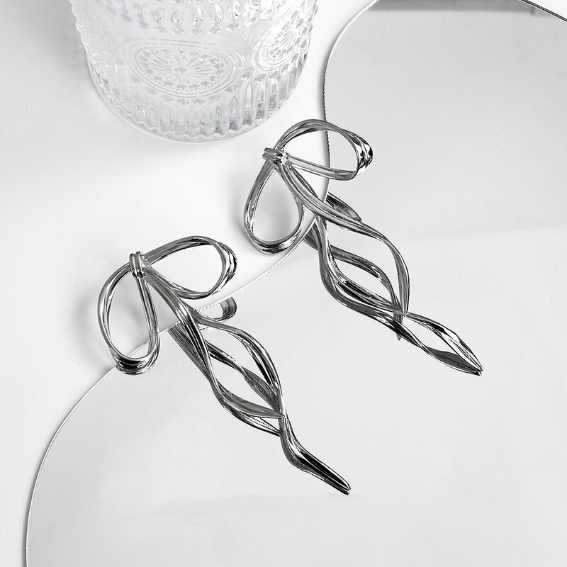 AENSOA-Brincos com arco em metal feminino, elegante grande, longo, nó de laço, simples, cor prata, design coreano, moda, 2021