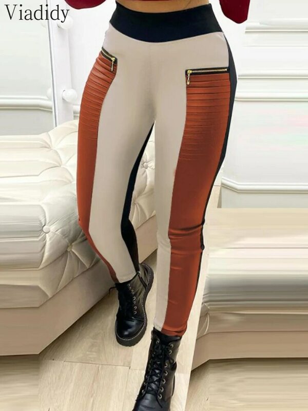 Pantalones ajustados de cintura alta con cremallera en contraste de cuero PU para Club de fiesta de moda