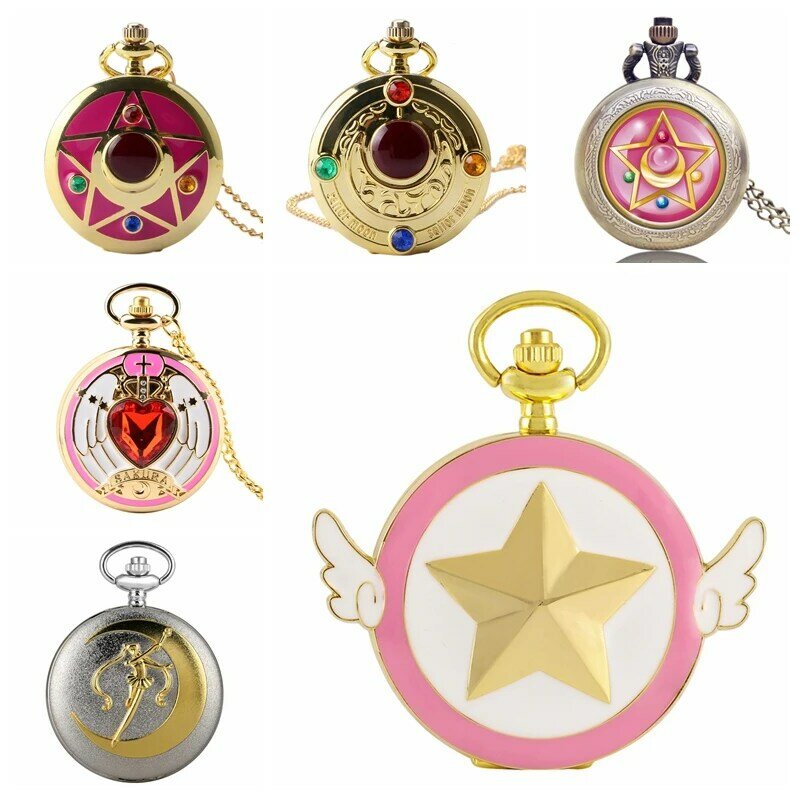 Reloj de bolsillo de cuarzo de dibujos animados de diamantes de imitación para mujer, Sakura, Anime japonés, estrellas, Luna, moda, collar, cadena colgante, regalos