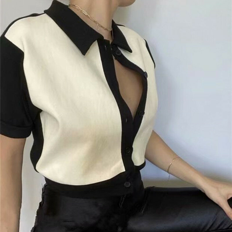 Musim Panas Vintage Kemeja untuk Wanita Seksi Wanita Atasan dan Blus Korea Pakaian Desainer Button Kemeja Kawaii Tanaman Top Patchwork
