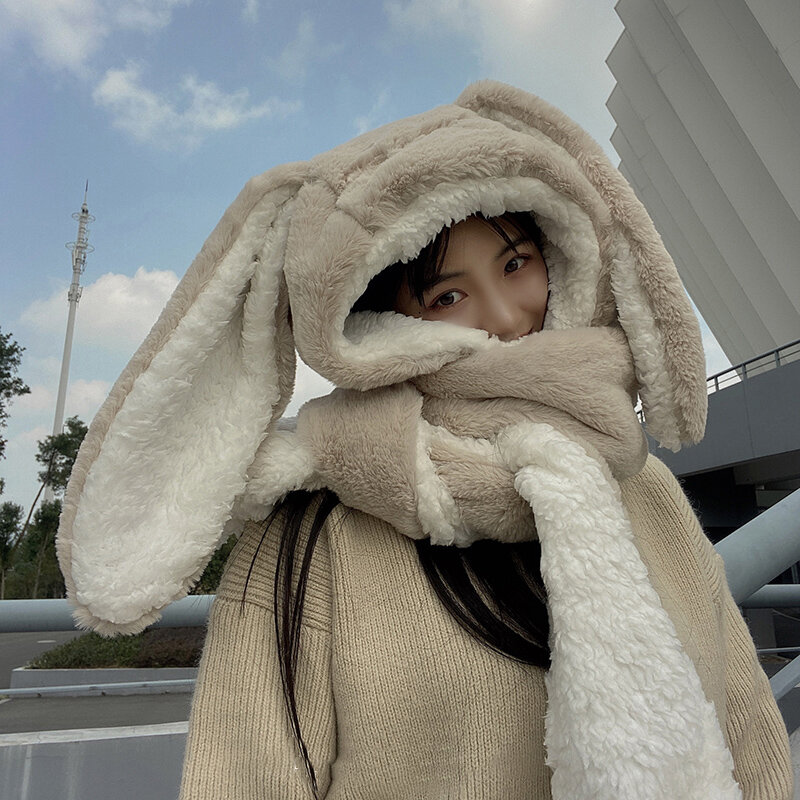 Fashion Scarf Hat Glove 3 Piece Women Cute Big Ear Bunny  Winter Warm Soft Thickening Pocket Hats  Hooded