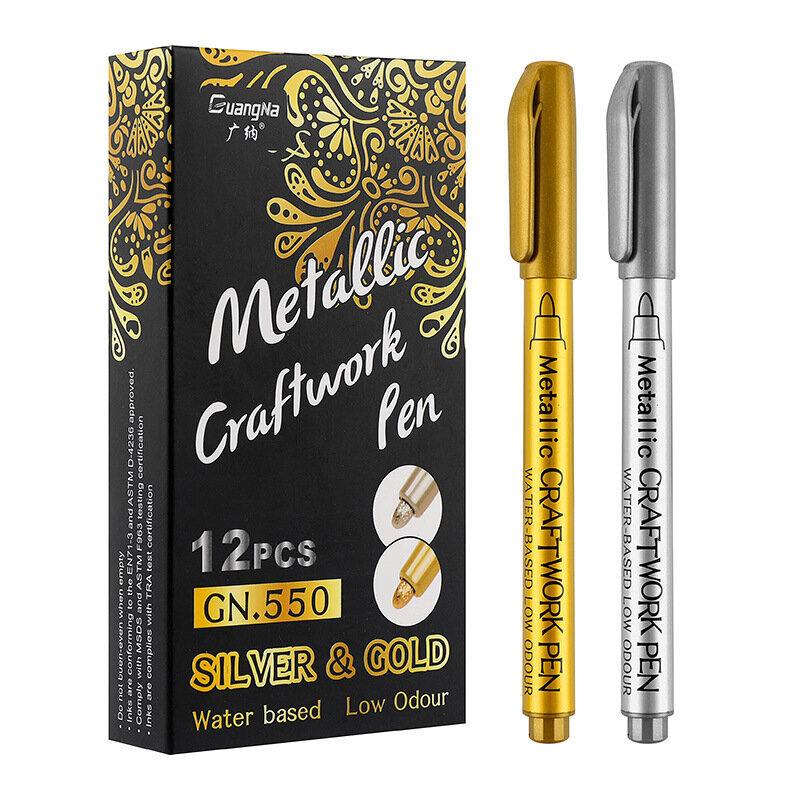 Caneta marcadora de pintura permanente, caneta metálica à prova d'água dourada e prateada para desenho de estudantes, suprimentos, caneta marcadora de artesanato