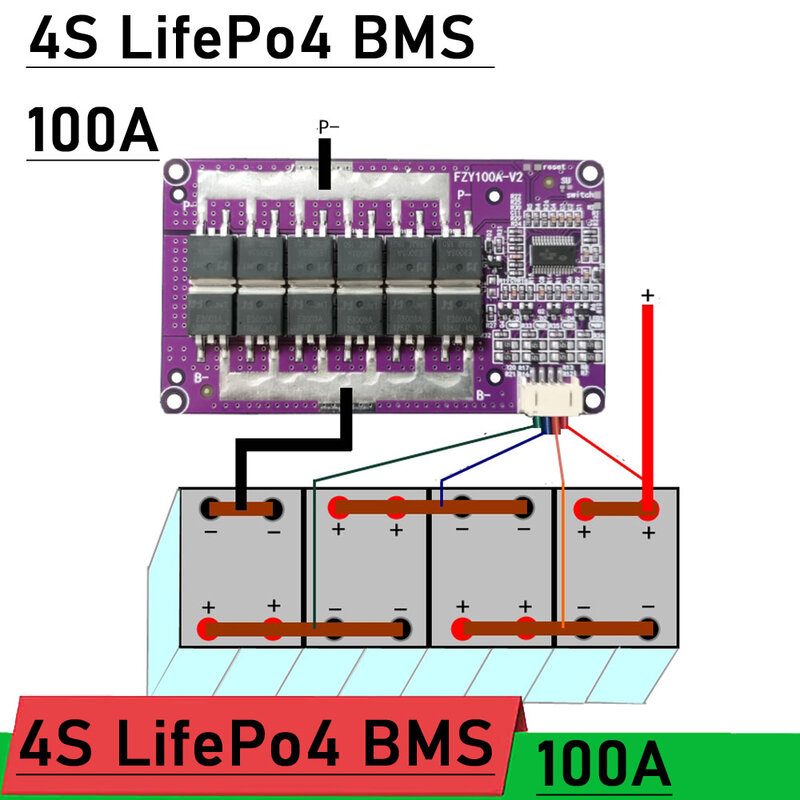 4s 12.8v 100a bms 3.2v LiFePo4リチウム電池保護ボード,12Vセル用バランス,モーターサイクル,インバーター,モーター用
