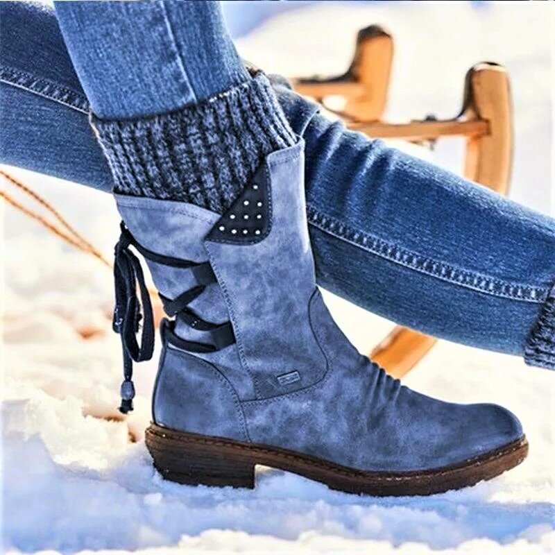 最低価格と最高の品質と無料ギフト-女性のブーツ冬の秋の女の子フラットヒールブーツファッションニットパッチワーク靴