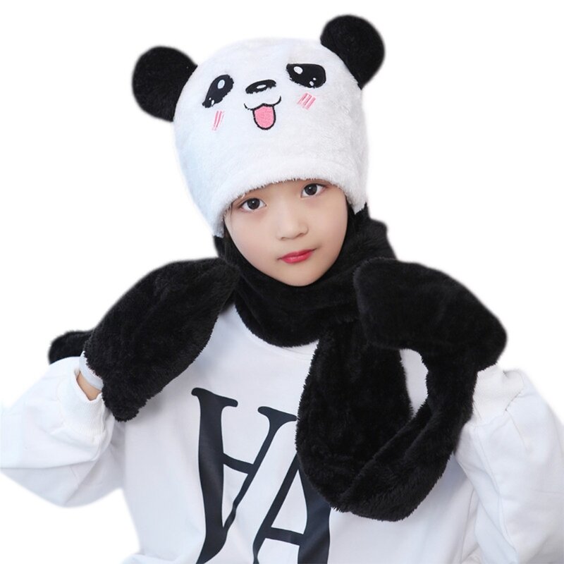 Kids Baby Winter 3 In 1 Hat Scarf Gloves Set Cute Panda Animal Ears Thicken Fuzzy Plush Hoodie Earflap Cap Neck Warmer