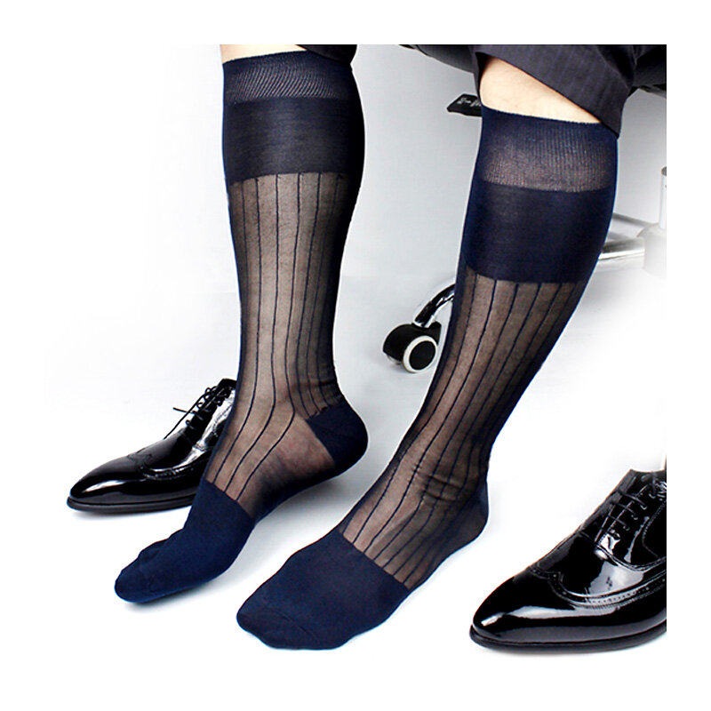 TNT Nylon seda pura meias para homens, meias formais, listra transparente, meias de negócios, gay sexy, super qualidade