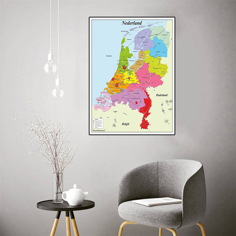 Peta Belanda Dalam Bahasa Belanda 59*84 Cm Poster Seni Dinding Ramah Lingkungan Lukisan Kanvas Ruang Keluarga Dekorasi Rumah Perlengkapan Sekolah
