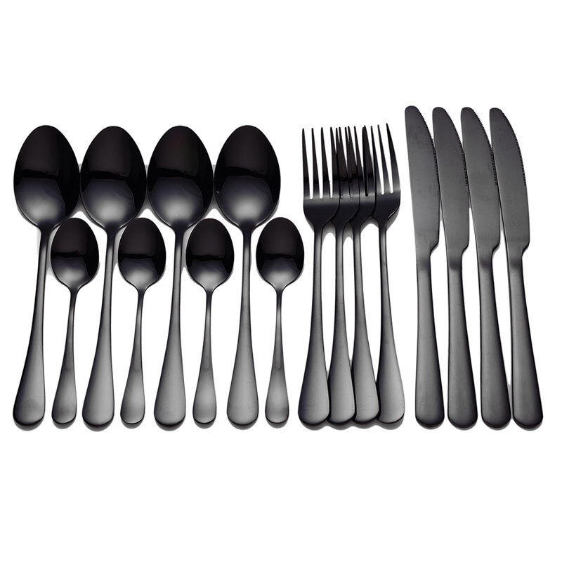 Conjunto de talheres em aço inoxidável garfos, facas, colheres para jantar na cor preta ou dourada, conjunto com 16 peças.