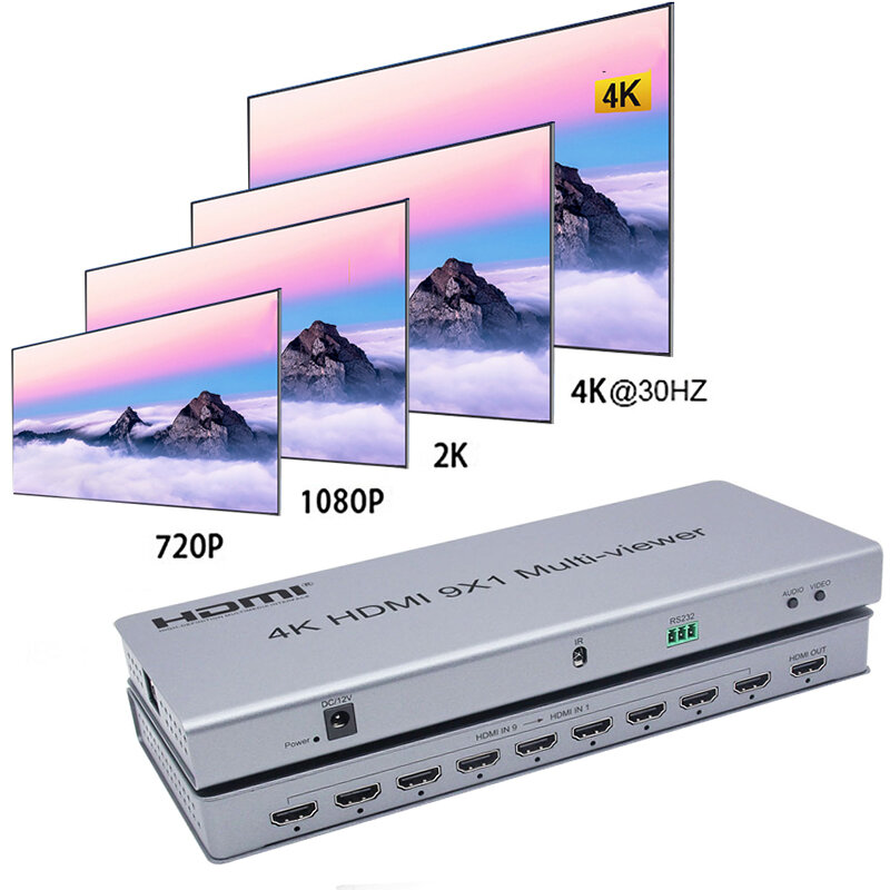 Коммутатор HDMI 9x1, 4K, бесшовный, ИК-экран, делитель, конвертер