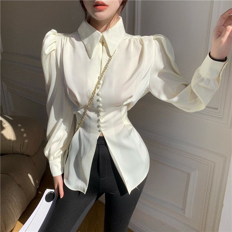 Casual chiffon blusa e topos feminino 2022 outono design de moda elegante puff manga camisas senhoras arco francês estilo coreano