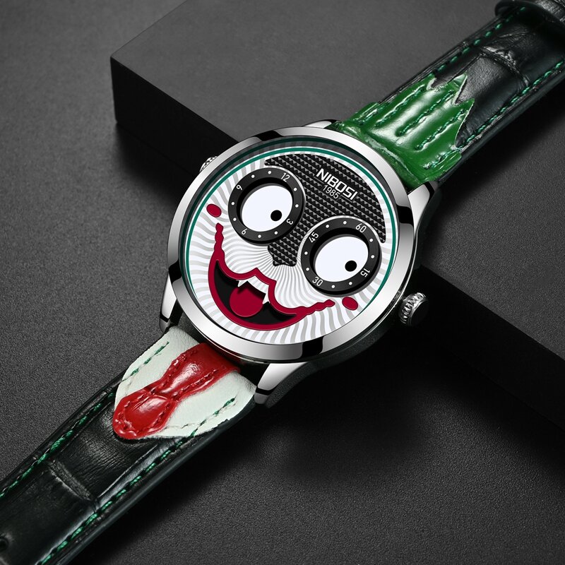 Nieuwe Collectie Luxe Joker Horloge Mannen Top Merk Creatieve Mode Persoonlijkheid Clown Quartz Lederen Waterdichte Sport Horloges Heren