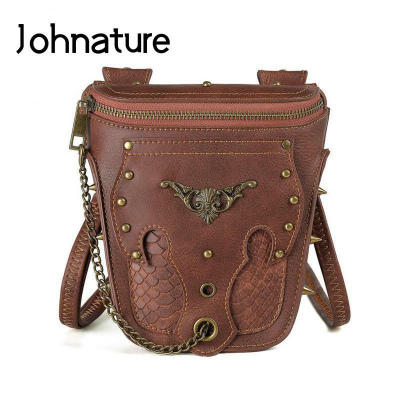 Johnature Fashion Locomotive Rivet Women Mini Shoulder Messenger Bags Versatile Moto & Biker Retro Mobile Phone Chain Bag