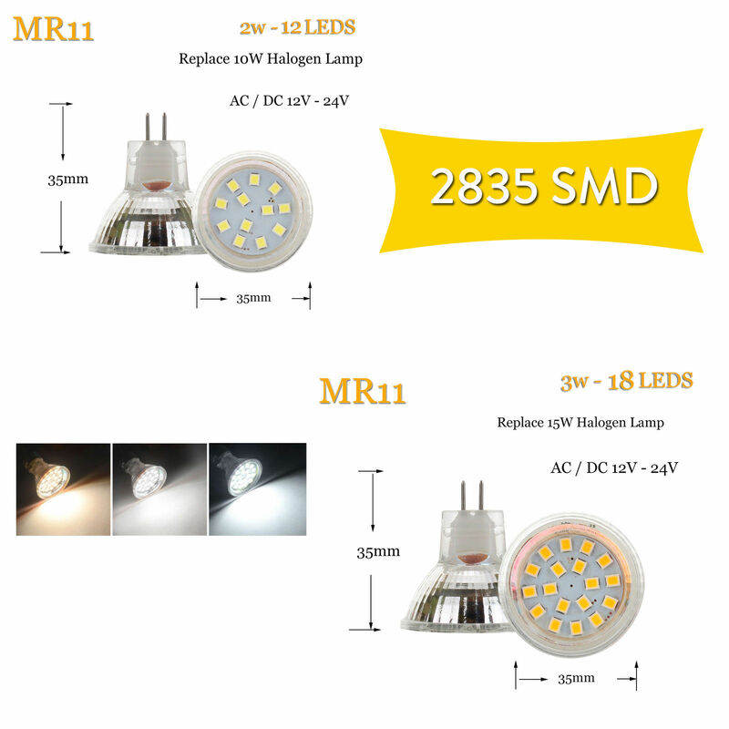 MR11 미니 LED 스포트라이트, 밝은 전구, 따뜻한 흰색 램프 교체, 할로겐 조명, AC DC 10-30V 2835 5733 스포트라이트, 9, 12, 15, 18SMD, 10W, 20W