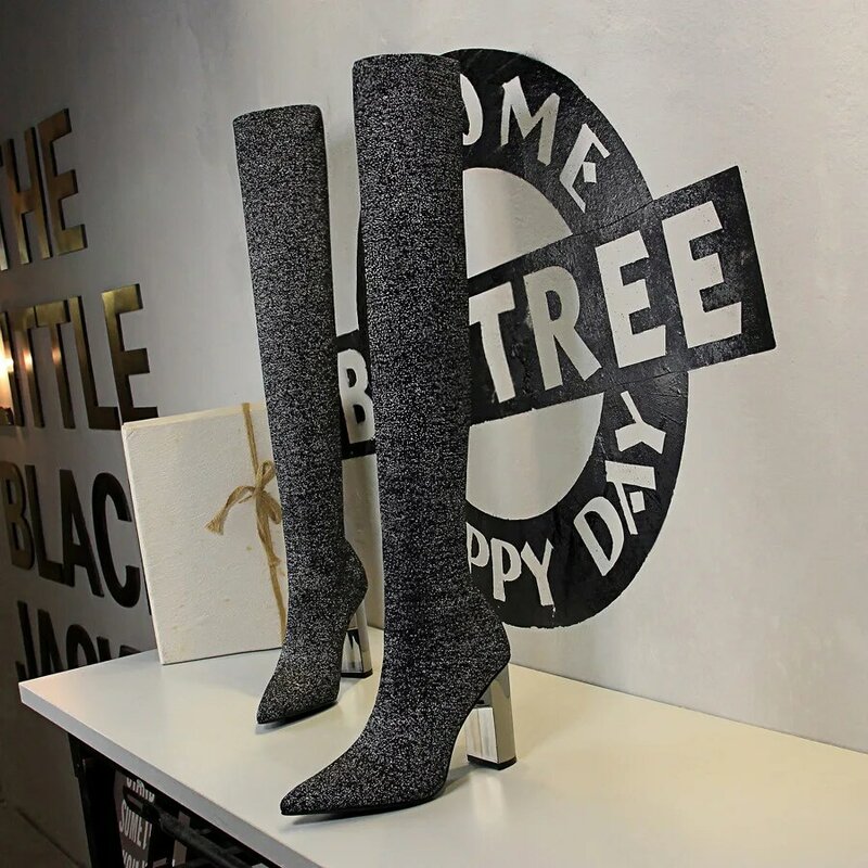 2021 Women's Boots Knee High Boots Square Metal Heels Pointed Sexy Elastic Thin Wool Boots Large 35-42