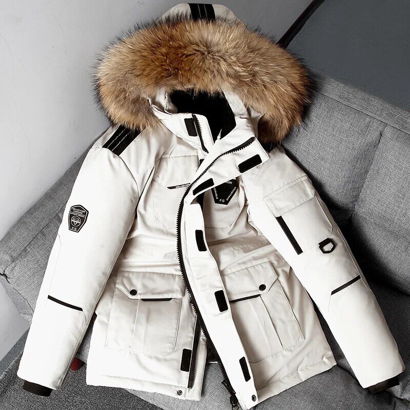 남성용 겨울 다운 재킷, 따뜻한 후드, 덕 다운, 아노락 남성용 파카, 미드 롱 탈착식 모피 칼라 코트, 방수 재킷