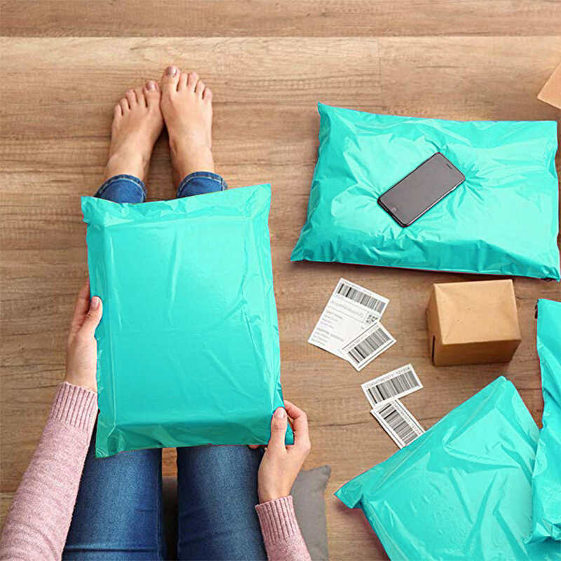 100 шт. сине-зеленый Поли Мейлер 9 размеров поли почтовая самостоятельно печать конвертов доставка мешок с клейкой почтовые сумки транспортировочные пакеты