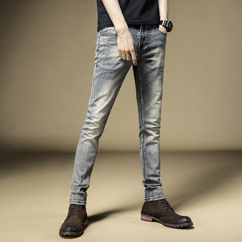 Jean droit Vintage pour homme, pantalon en Denim, en coton bleu, style rétro, coupe Slim, Streetwear, collection automne