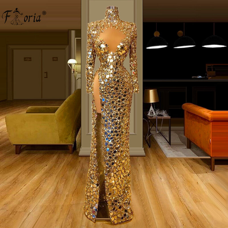 Vestido De Noche árabe con cristales dorados, traje brillante De manga larga De Dubái para fiesta De celebridades, 2023