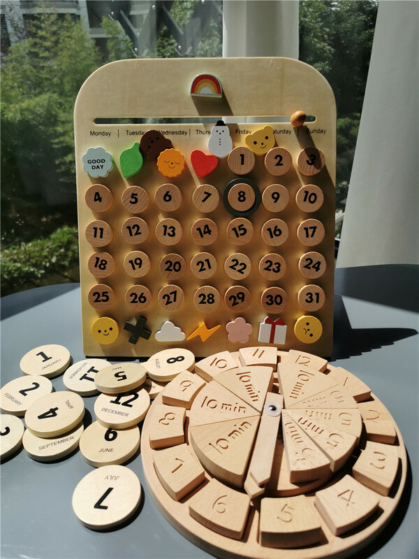 Kids Montessori Speelgoed Hout Magnetische Kalender Houten Klok Math Weath Station Vroeg Leren Educatief Gift