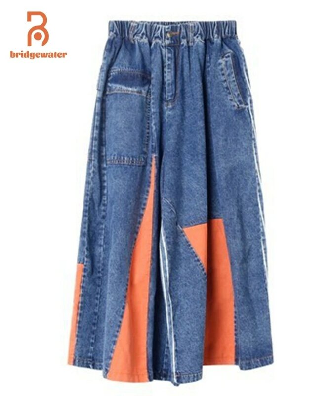 Bridgewater streetwear contraste cor jeans feminino verão 2021 nova alta cintura elástica perna larga em linha reta tornozelo-comprimento denim calças