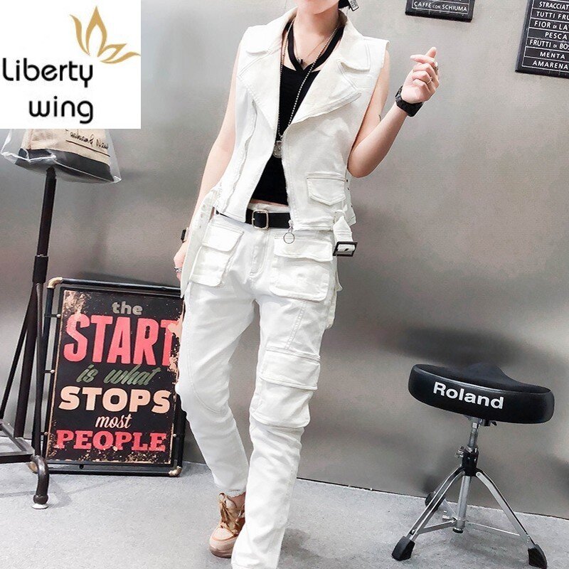 Wanita Streetwear Slim Fit Putih Rompi Denim & Kantong Harem Jeans Dua Sepotong Set Fashion Zipper Tanpa Lengan Jaket 2XL