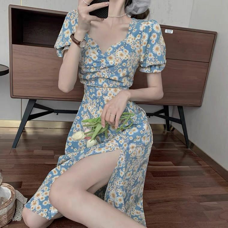 Женское приталенное платье средней длины, элегантное французское платье с коротким рукавом и поясом-маргариткой в стиле ретро, лето 2021