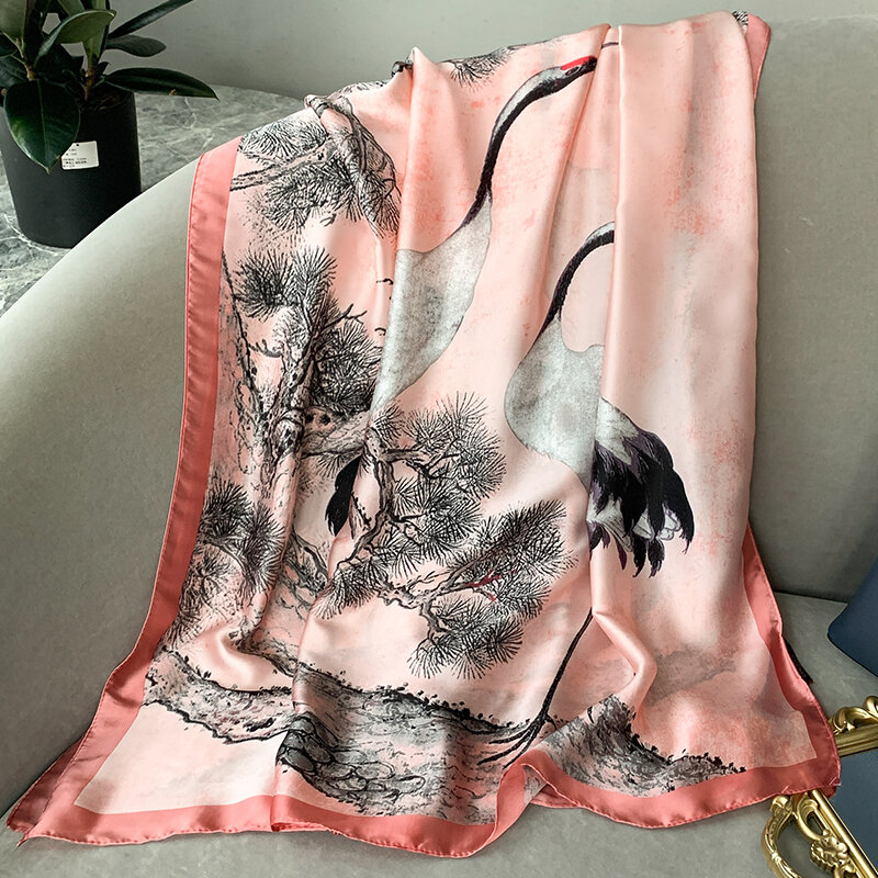 Pañuelo de seda con estampado de aves para mujer, toalla de playa satinada con protección solar, de lujo, 180x90CM