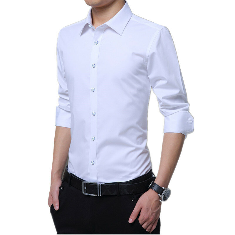 Рубашка мужская деловая с длинным рукавом, Повседневная Формальная, приталенная, хлопковая классическая, офисная, белая, 3XL 5XL