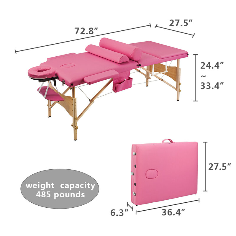 3 Sections Folding Portable Beauty Massage Table Set 70CM Wide Pink Beauty Bed  Salon Furniture