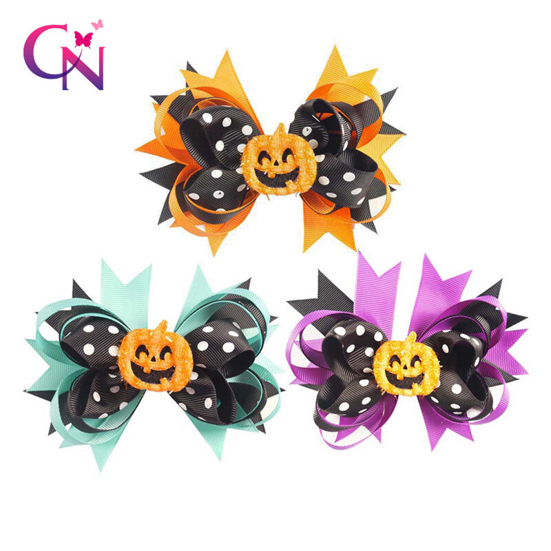 CN 5'' Printed Polka Hair Bows Halloween Smile Pumpkin Hair Clips For Kids Girls Layered Festival Hair Accessories
