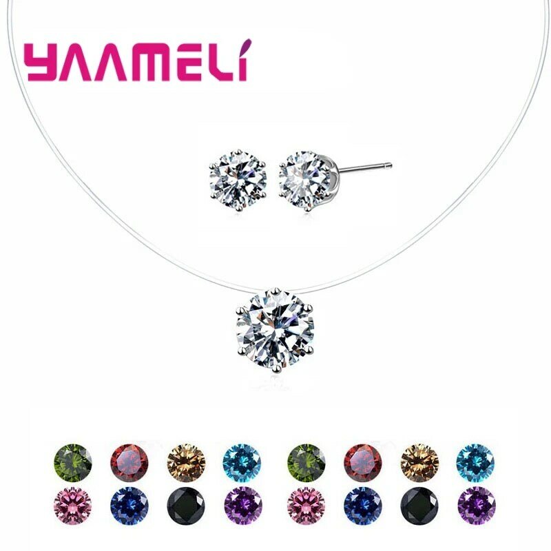 Conjuntos de joyas de moda para mujer, collar con colgante redondo de cristal CZ, pendientes de botón, fiesta de boda, 25 plata esterlina, nuevo