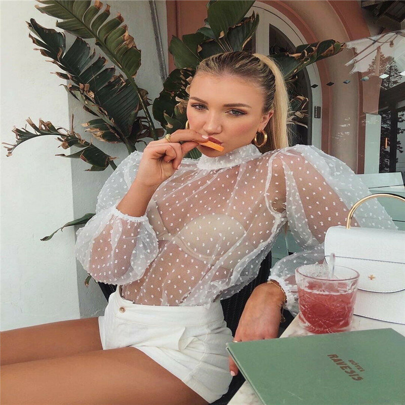 Women Sexy Mesh Sheer Polka Dot Blouses See-through Long Puff Sleeve Thin Lace Bottoming Shirt Spring Autumn Clothes