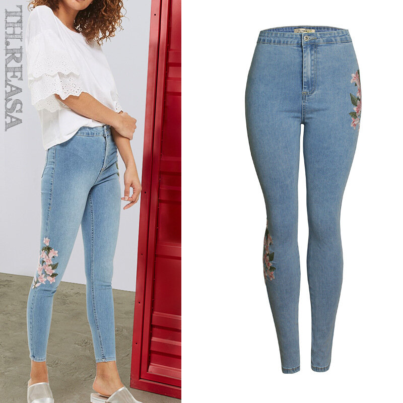 Wanita Terbuka Jeans New Spring Fashion Bordir Slim Jeans Wanita Pinggang Tinggi Acara Tipis Mengangkat Pinggul Kecil Kaki Celana