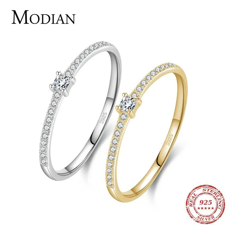 Modian-Real 925 Sterling Silver Simples Anéis Quadrados de Dedos para Mulheres, Clear CZ Charme, Cor Dourada, Jóias de Noivado de Casamento, 2021