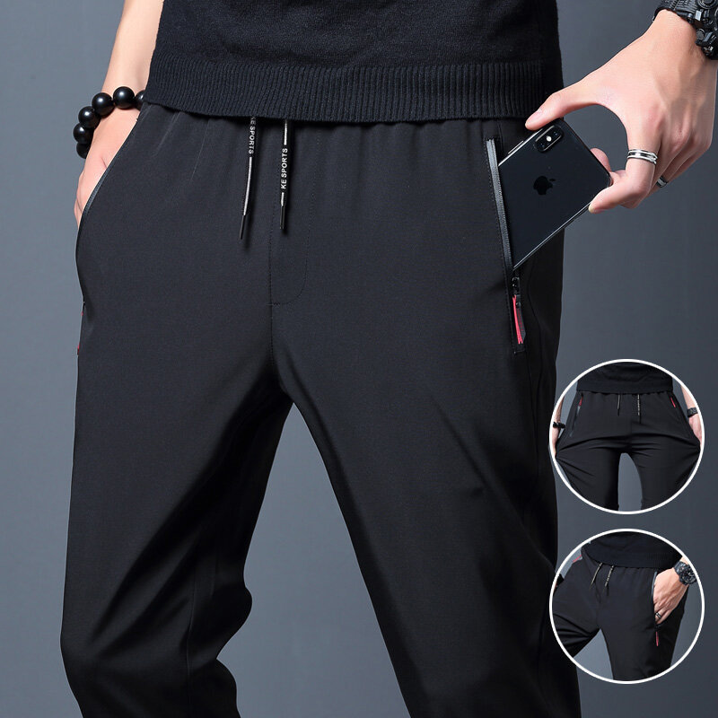 2024 New Men'S Korean Fashion Casual Summer Thin Quick Drying Ice Silk Straight Pants Loose Sports 9-Point Trousers Boy