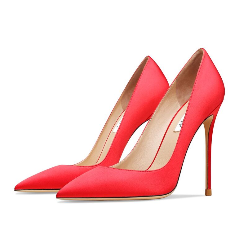 ของแท้หนังผ้าไหมสีแดงยี่ห้อรองเท้าผู้หญิง Pointed Toe Shallow รองเท้าส้นสูงคลาสสิกปั๊ม Elegant Office รองเท้าแ...