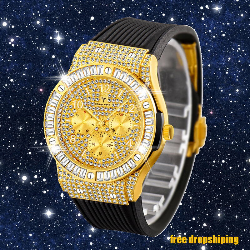 Дропшиппинг 2024 18k золотые мужские часы со льдом бриллиантовые модные кварцевые часы мужские водонепроницаемые хип-хоп наручные часы мужские Chrono XFCS