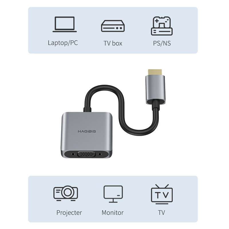Адаптер HDMI Hagibis, совместимый с VGA, конвертер 1080P «Папа-мама» с видеопортом питания для ПК, ноутбуков, HDTV, XBOX, PS4/5