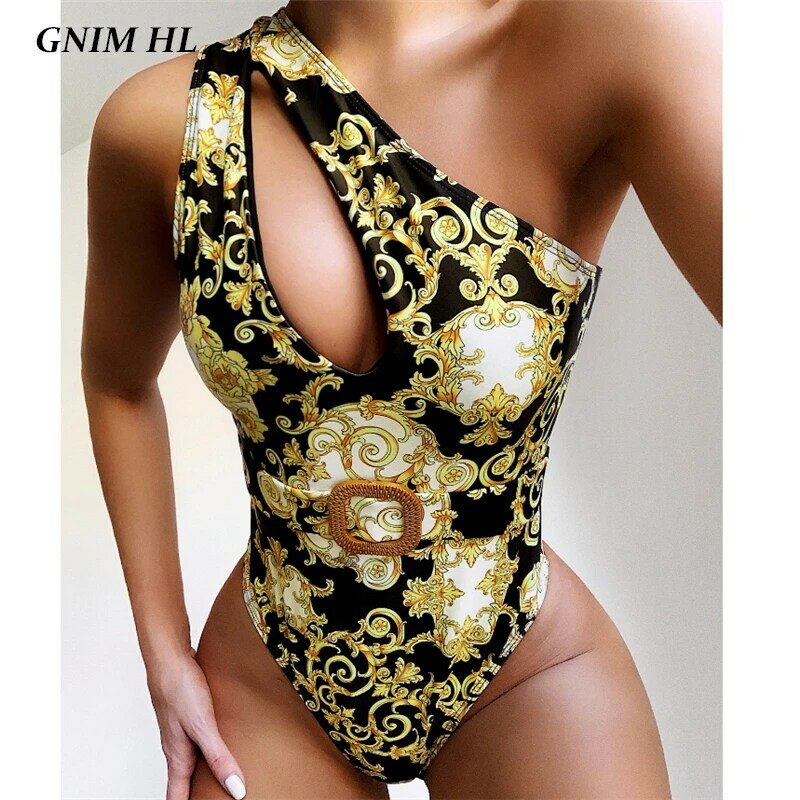 GNIM 여성용 원숄더 비키니, 2020 섹시한 할로우 아웃 수영복, 원피스 프린트 브라질 수영복, 벨트 포함, 여름 비키니