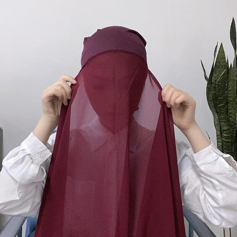 2 In 1ชีฟอง Hijab ผ้าพันคอ Jersey หมวก All In One ชุดสำหรับสตรีมุสลิม Convinient Headscarf 25สีใหม่