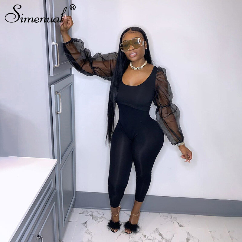 Simenual Mesh Patchwork Skinny Bodycon Rompers Womens Jumpsuit Puff Sleeve Fashion Solid Black Casual Jumpsuits 2020 Summer Slim