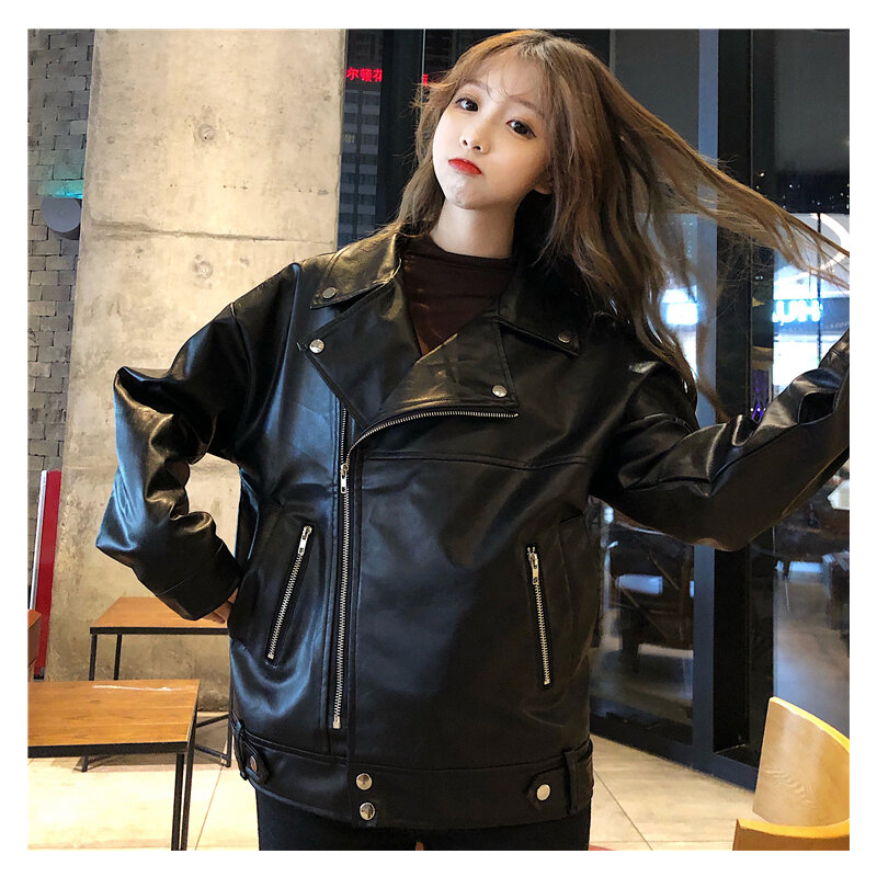 Mantel Besar Mode Wanita Jaket Kulit Imitasi Jaket Musim Gugur Longgar 2021 Jaket Wanita Punk Streetwear Jaket Wanita