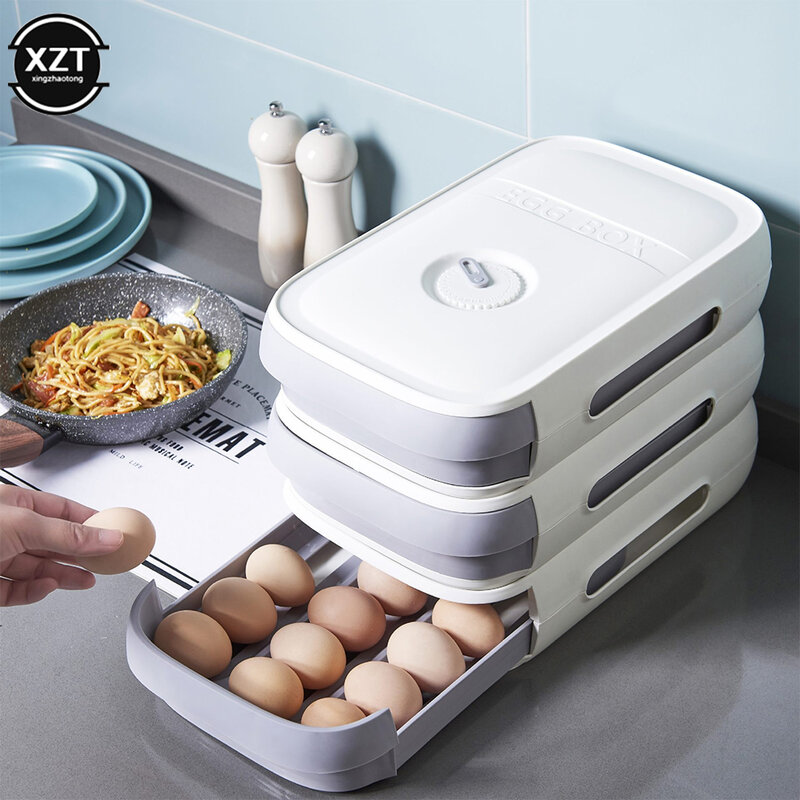 تكويم البيض حامل صندوق تخزين درج التلقائي المتداول الثلاجة البيض المنظم الفضاء التوقف الحاويات منظم مطبخ