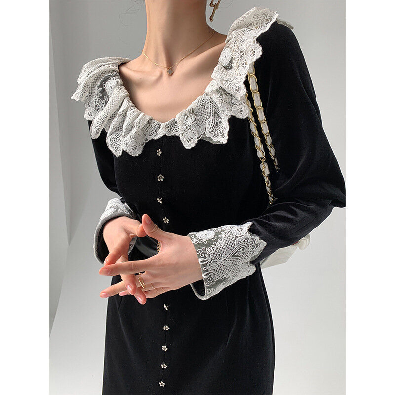 Korean Style Formal Evening Dresses For Women Full Sleeve Sashes Celebrity Dresses Knee-Length Lace Collar Party Gowns